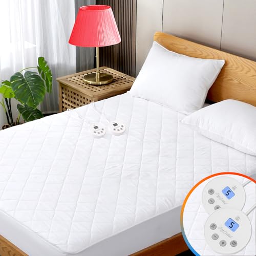 Heated Mattress Pad King Size Quilted Zone Heating Electric Bed Warmer Luxury Comfort Heat Mattress Pad Cover Dual Controller（10 Heat Setting | 1-12 Hours Auto Shut Off | with 8-21 Inch Deep Pocket）