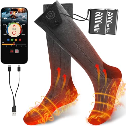 Heated Socks for Women Men,6000mAh Rechargeable Battery Foot Warmer Hiking Socks Up to 10 Hours,APP-Controlled Electric Heated Socks with 4 Heating Levels for Camping Skiing,Valentines Day Gifts