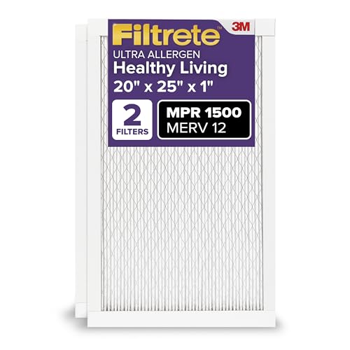 Filtrete 20x25x1 AC Furnace Air Filter, MERV 12, MPR 1500, CERTIFIED asthma & allergy friendly, 3 Month Pleated 1-Inch Electrostatic Air Cleaning Filter, 2-Pack (Actual Size 19.719x24.688x0.78 in)