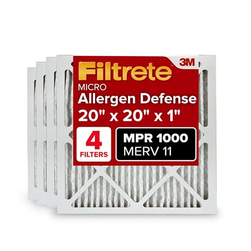 Filtrete 20x20x1 AC Furnace Air Filter, MERV 11, MPR 1000, Micro Allergen Defense, 3-Month Pleated 1-Inch Electrostatic Air Cleaning Filter, 4 Pack (Actual Size 19.69x19.69x0.81 in)