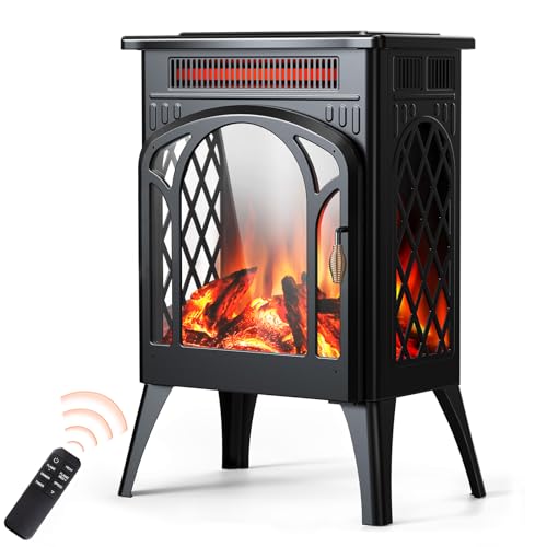 Rintuf Small Electric Fireplace Heater, 1500W Infrared Fireplace Stove with 3D Flame Effect, Adjustable Thermostat, 8H Timer, Remote Control, Freestanding Space Heaters for Indoor Use Large Room Safe