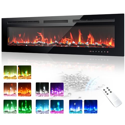 EUHOMY 50 Inch Electric Fireplace Wall Recessed and Wall Mounted with Adjustable Flame Color, Fireplace Heater with Remote Control, Linear Fireplace with Timer, Touch Screen, Log & Crystal, 750/1500W