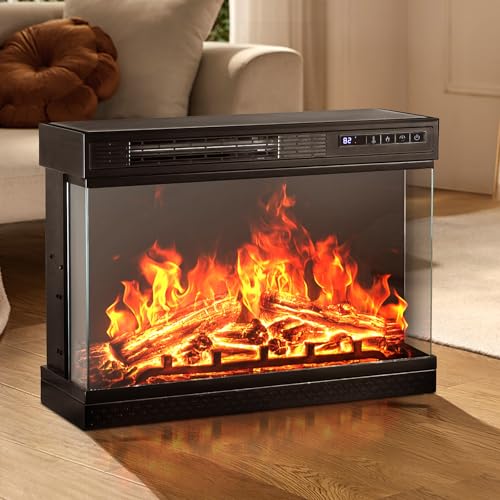 BOSSIN 24 inch 3-Sided Glass Electric Fireplace Insert, Freestanding Fireplace with Remote Control,1500W Fireplace Heater,12-Color Flame,Adjustable Brightness,8 Hour Timer,Overheat Protection