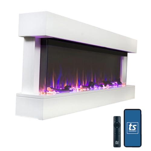 Touchstone Chesmont Smart Electric Fireplace- Wall Hanging with 50-inch Wide White Mantle- Alexa®/WiFi Enabled-10 Color-1500/750 Watt Heater with Thermostat- Crystals & Driftwood-Model 80033