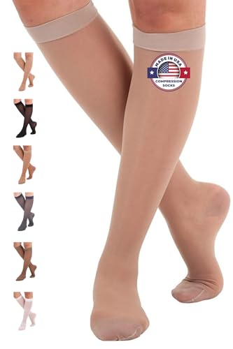 ABSOLUTE SUPPORT Made in USA Sheer Compression Socks for Women 15-20 mmHg - Support Hose Knee High Stockings, Nude, Medium