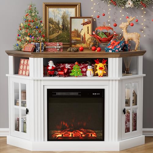 Furmax Fireplace Corner TV Stand for TV Up to 55 Inch, Modern TV Console with 18 Inch Electric Fireplace, Entertainment Center with Open Shelf and Storage Cabinets for Living Room, Antique White