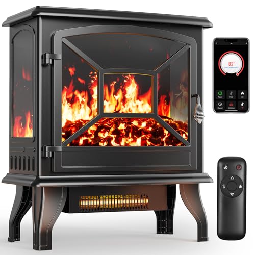 Silonn Electric Fireplace Heater, 5300 BTU Portable Fireplace with App & Remote,24-inch Low Noise Electric Fire Place with 5 Brightness Levels, Temp Control & Timer for Living Room, Bedroom, Black