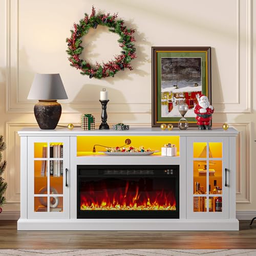 Rolanstar Fireplace TV Stand with Led and Power Outlets, White Entertainment Center with 26