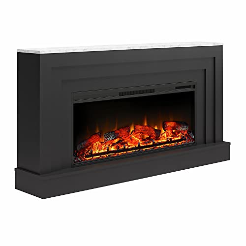 Ameriwood Home Lynnhaven 61 Inch Electric Fireplace with Mantel, Replaceable Fireplace Insert Heater, Remote Control, Timer, Realistic Log and Flame Effect, for Living Room or Bedroom, Matte Black