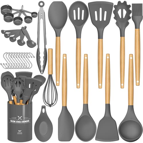 Umite Chef Kitchen Cooking Utensils Set, 33 pcs Non-stick Silicone Utensils Spatula Set with Holder, Wooden Handle Heat Resistant Silicone Kitchen Gadgets Utensil Set (Gray)