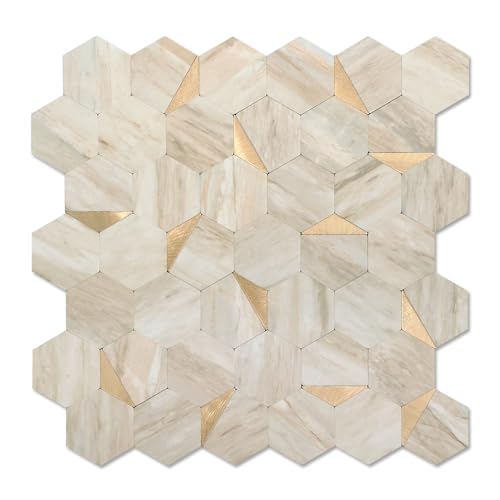 OYASIMI Hexagon Peel and Stick Backsplash for Kitchen Wall, 10 Sheets Heat Resistant Stick on Backsplash PVC Smart Tiles, 12'' Beige Marble Waterproof Peel and Stick Wall Tiles for Bathroom