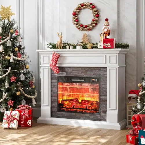 LGHM 44 Inch Electric Fireplace with Mantel, Tall Fireplace Heater Freestanding, Realistic Stacked Stone Surround with Remote Control Timer LED Flame for Living Room, Bedroom