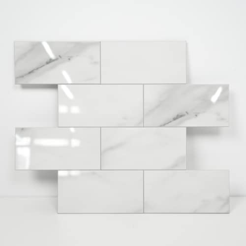 COLAMO Luxury 5-Sheet Peel and Stick Backsplash,Self Adhesive Faux Stone 12”x12” White Subway Tile for Kitchen,Glossy Carrara Brick Marble Tile Look,Stick on Accent Wall for Bathroom,Fireplace