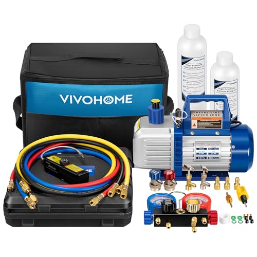 VIVOHOME 110V 1/2 HP 5CFM 2 Stage HVAC Vacuum Pump and 4 Way AC Manifold Gauge Set Kit with Leak Detector 5ft Hoses for R134a R12 R22 R502 R410a Auto Air Conditioning Refrigeration Recharging