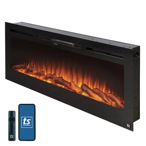 Touchstone Smart Electric Fireplace-The Sideline 50 Inch Wide-in Wall Recessed-30 Realistic Ember Color/Flame Options-1500W Heater w/Thermostat-Black- Log & Crystal Hearth Options -Alexa/WiFi Enabled