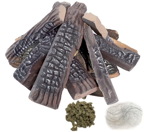 MrGas Log Ceramic Logs for Gas Fireplace, 10 Pack Vented Faux Logs for Outdoor Indoor Fire Pit, Decorative Gas Inserts, Realistic Heat-Resistant Wood Gas Logs