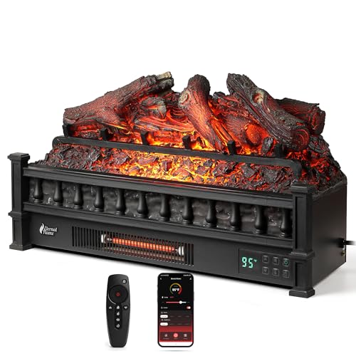 TURBRO Eternal Flame 26 in. WiFi Infrared Quartz Electric Fireplace Log Heater with Sound Crackling, Realistic Lemonwood Logs, Adjustable Flame Colors, Remote Control, Thermostat, Timer, 1500W Black