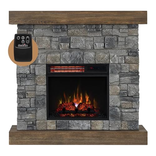 Modern Ember Raeford 40 Inch Wood Fireplace Mantel with Stone Brick Surround and 18