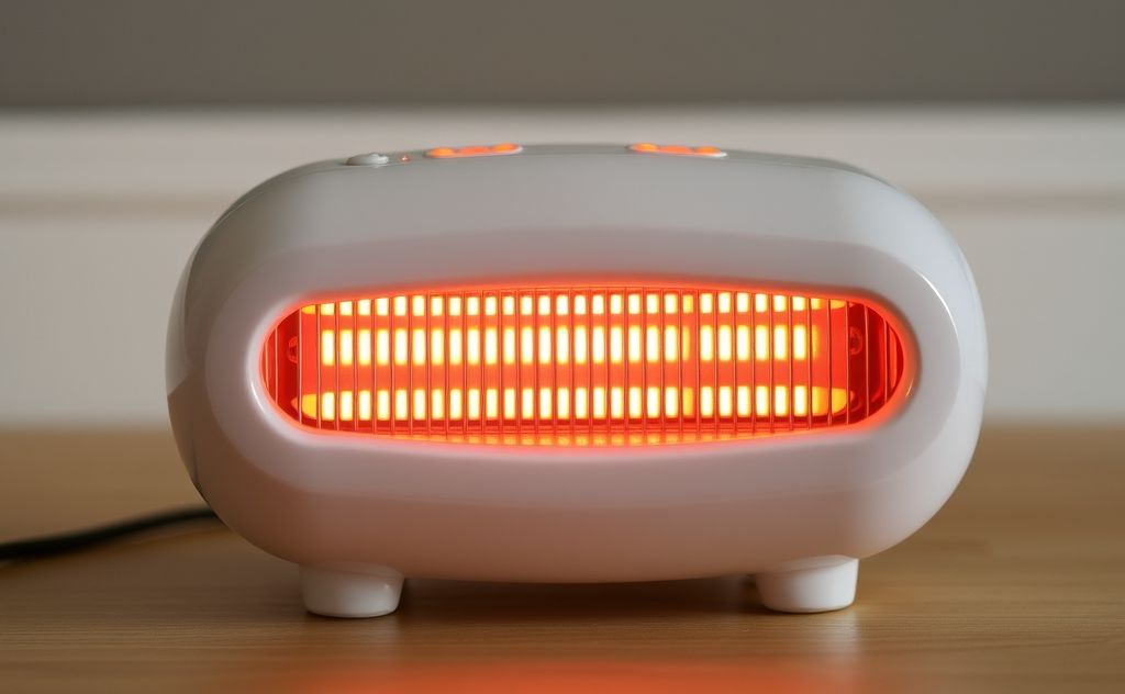 Infrared quartz heater with glowing elements, ceramic body design.