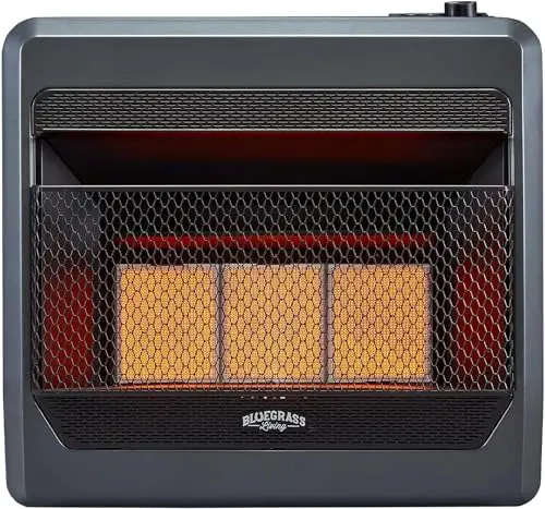 Bluegrass Living B28TPIR-BB Propane Vent Free Infrared Gas Space Heater With Thermostat Control, Blower, and Base Feet, 30,000 BTU, Heats Up to 1,450 Square Ft, Black