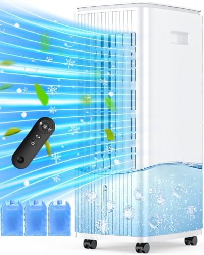 MYICY 3-IN-1 Windowless Air Conditioner w/Double Tanks, Smart Timer, 3 Ice Packs, 60W Evaporative Air Cooler, 70° Oscillation, 3-Speed 25-INCH Swamp Cooler Air Conditioner Portable for Room
