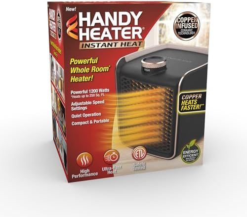 Handy Heater Instant Heat - Copper Infused Ceramic Technology Space Heater, 1200 Watts, Portable Heater for Office, Bedroom or Any Indoor Space, Adjustable Heat, Quiet & Cordless Personal Heater