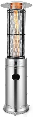 COSTWAY Outdoor Propane Patio Heater, 40,000 BTU Propane Heater with Dancing Flame, Portable Wheels, Stainless Steel Pyramid Floor-Standing Outdoor Heater for Balcony Backyard Garden, Silver
