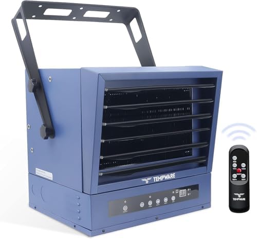 TEMPWARE Electric Garage Heater, 10,000-Watt Digital Fan-Forced Ceiling Mount Shop Heater with Full-Function Remote, 240-Volt Hardwired Heater with 12-Hour Timer, Ideal for Workshop, Blue (TW10000ER)