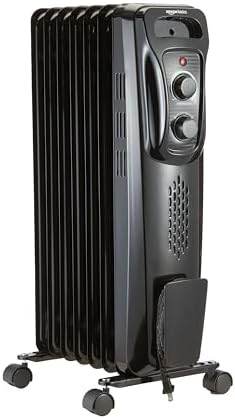 Amazon Basics Oil Heater, Radiator Heater for Indoor Use, With Over-Heat Protection, 7 Oil-Filled Steel Fins, 3 Heat Settings, ETL-certified Safety, 1500W, Black, 11"D x 14.8"W x 25.2"H