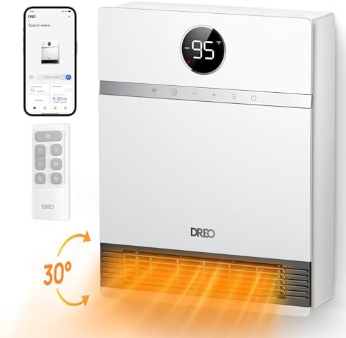 Dreo Smart Wall Heater, IP24 Electric PTC Space for Indoor Use, 30 Oscillation, Adjustable Thermostat, Remote Control, Works With Alexa, 24H Timer, Easy-Mounted for Bedroom, Office
