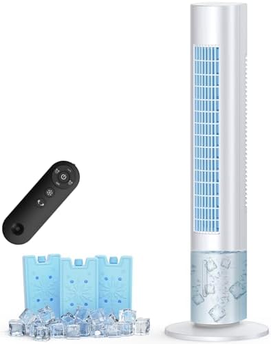 MYICY Evaporative Air Cooler, 35" Windowless Air Conditioner Portable, 3 Speeds, 1.2L Water Tank, 3 Ice Packs, 20ft Remote, 7H Timer, No Hose No Window Needed,70° Oscillating Portable AC Unit for Room