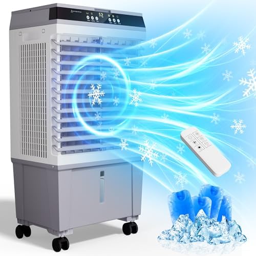 Uthfy Swamp Cooler Air Conditioner, Evaporative Air Cooler with 5.3 Gallon Water Tank, 4 Ice Box, Remote, 12H Timer, 120°Oscillation, Portable Cooling Fan with 3 Speeds for Bedroom Home Office