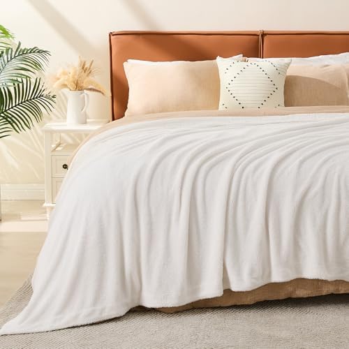 EMME Muslin Cotton Fleece Queen Blanket Reversible - 80"*90" Cream Soft Warm Throw Blankets for Couch Bed Picnic Travel Bed
