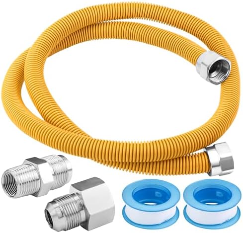𝙐𝙥𝙜𝙧𝙖𝙙𝙚𝙙 puxyblue 48" Flexible Gas Line Kit for Dryer,Water Heater,Gas Tank,Gas Stove,Flexible Stainless Steel Yellow Gas Line Come with 1/2" OD 1/2" MIP x 1/2" FIP Additional Raw Belt
