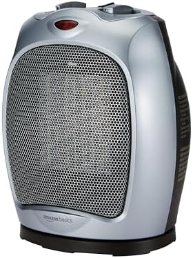 Amazon Basics Oscillating Ceramic Space Heater, Portable Heater for Indoor Use, for Office and Home, With Overheat and Tip-Over Protection, Thermostat, 1500W, Silver, 7.52"D x 6.34"W x 9.45"H