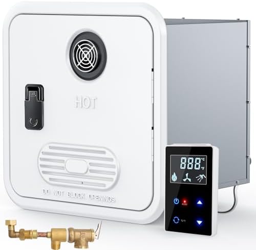 ITEFDTUTNE RV Tankless Water Heater, High Altitude Available, with White Door and Controller, DC 12V, On Demand Instant Hot Water Heater, With RV Extra External Water Outlet, Push-To-Open Door