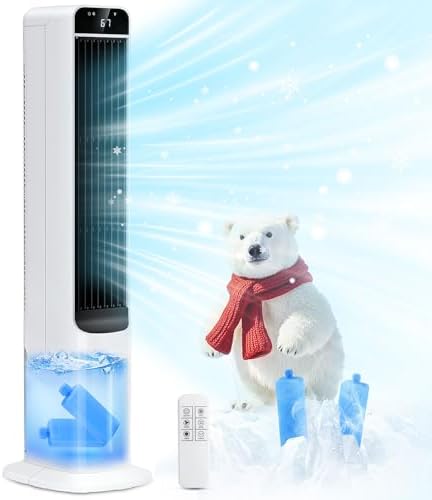 41" Evaporative Air Cooler, LifePlus Swamp Cooler With 4 Ice Packs, Remote, 100° Oscillation 3 Speed 4 Modes, Portable Quiet Cooling Fan That Blow Cold Air, Bladeless Tower Fan For Bedroom Home Office