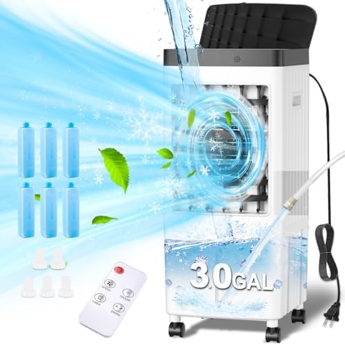 Swamp Cooler 4 in 1 Evaporative Air Cooler Portable Cooling Fan with 6 Reusable Ice Packs, 10L Water Tank, Remote Timer, 20H, 80°oscillation for Mist Fan & Mobile Air Conditioner Alternative