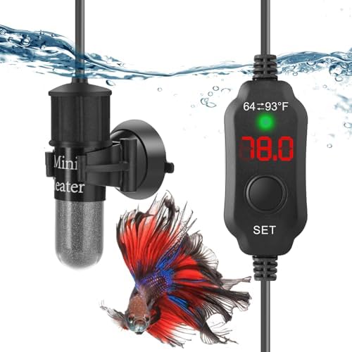 FUMAK Super Mini Aquarium Heater 10W Betta Heater Adjustable Submersible Fish Heater Small Fish Tank Heater Turtle Heater with Digital Display Thermostat, for 1-2 Gallon Tanks