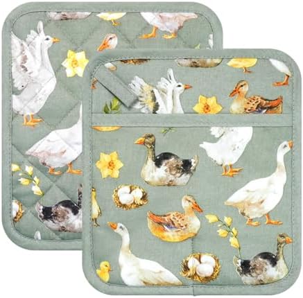 Pot Holders Set of 2 Heat Resistant 480℉ Kitchen 100% Cotton Comfortable Lining Printing Teal Flower Women Men Home Cooking Baking Microwave BBQ Gift (Teal potholders)