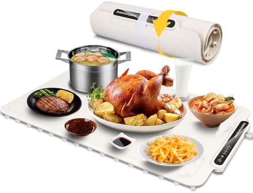 Qimh Food Warming Mat, Silicone Food Warmer for Parties Buffet, Full Surface Electric Warming Tray with 4 Temps & 10s Rapid Heating, Portable Food Heater for Gathering, Kitchen, Everyday Use (Beige)