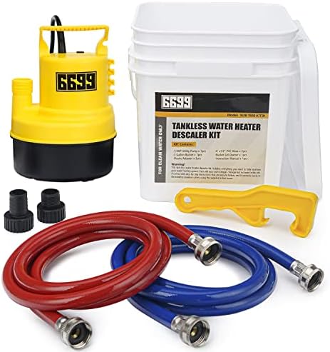 6699 Tankless Water Heater Flushing Kit Includes 1/4HP Submersible Utility Pump with Two Plastic Adapters & 3 Gallons Pail with Bucket Lid Opener & Two 1/2” X 6’ PVC Hoses with Washers Easy to Clean