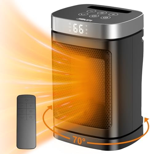 Small Portable Space Heater for Indoor Use - with 70°Rotating Feature, JIBUFI 1500W PTC Electric Heater, Rapid and Safe Heating, Remote Control, 1-12 Hr Timer for Bedroom, Office