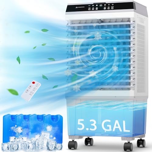 SUNGDOGIN Swamp Cooler,1800CFM Portable Evaporative Air Cooler,Cooling Fan for Room Garage Patio,5.3 Gal Water Tank,3 Speeds,4 Ice Boxes,12H Timer,Remote