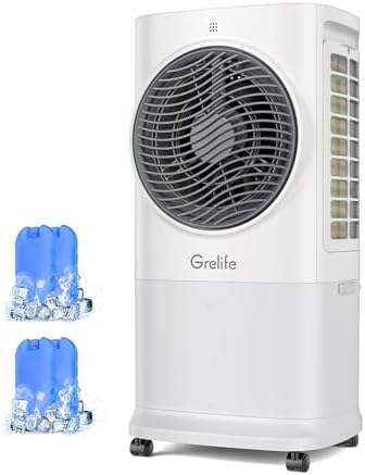 Grelife Portable Evaporative Air Cooler, 3-IN-1 Air Cooler Cooling Fan with Remote Control, 8H Timer, 4 Ice Packs, 6.5L Water Tank, 3 Modes, 3 Speeds, Personal Swamp Cooler for Bedroom