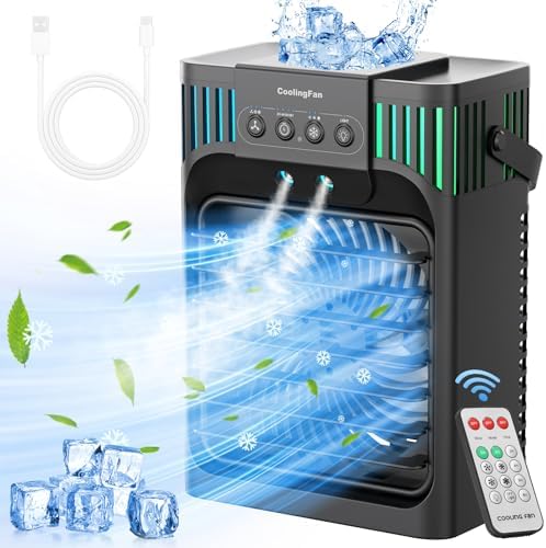 Duxeuwe Portable Air Conditioners, 4-IN-1 Evaporative Air Cooler with Remote, 3 Speed Humidify & 3 Modes, 2-8H Timer, 7 LED Light, 1200mL Cooling Fan Mini Air Conditioner for Room Camping