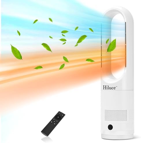 Hiluce Oscillating All Season Bladeless Fan, 1400W Space Heater & 40W Cooler Fan Combo with Remote,Installation Free Quiet Fan,Tip-Over Switch80°Oscillating, 8 Speeds, 9H Timer,22 inch