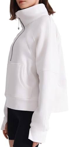 ISEEGZ Womens Fleece Lined Half Zip Pullover Cotton Winter Warm Scuba Collar Sweatshirt for Women with Thumbhole Pocket White