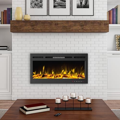 Northwest 36-Inch Wall Mounted Electric Fireplace - Recessed Heater with Front Vent, Remote, LED Flames, and Log and Crystal Media (Black)