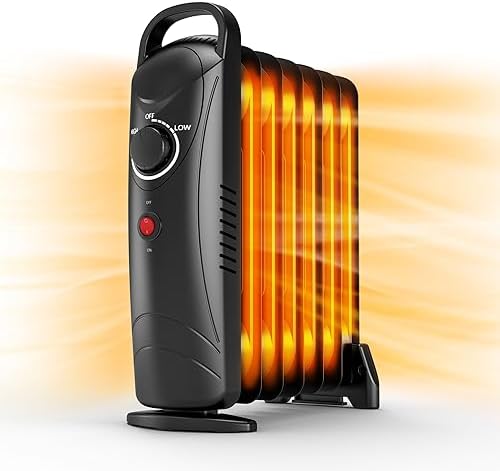 Air Choice Oil Filled Radiator Heater, 700W Oil Heater with Adjustable Thermostat, Overheat Protection, 2 Heat Settings, Portable, Quiet & Durable Electric Heating for Indoor, Black